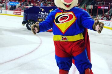 Regardez! Sur la glace! C'est une mascotte. C'est un cochon de glace. Non c'est Super Stormy! #HockeyH ...