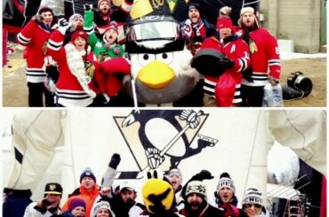 Pratiquez vos acclamations comme ces packs de fans, tag #Blackhawks ou #Pens à voter ...