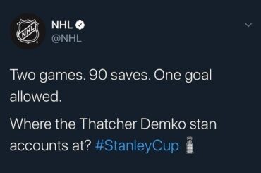 Thatcher Demko (@ tdemko30) a été, eh bien, il est sur ces derniers temps. #Coupe Stanley...