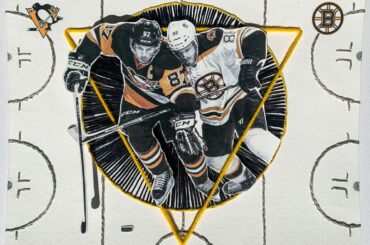 Du bel art mettant en vedette les @penguins et @nhlbruins!  Attrapez-les aujourd'hui à ...