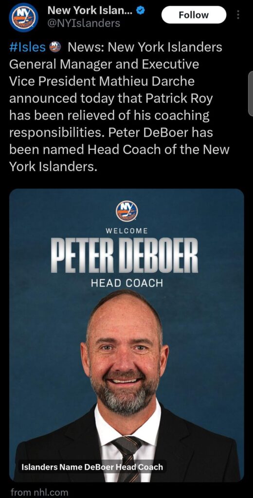[Islanders]Patrick Roy a été licencié et Peter DeBoer prendra sa place